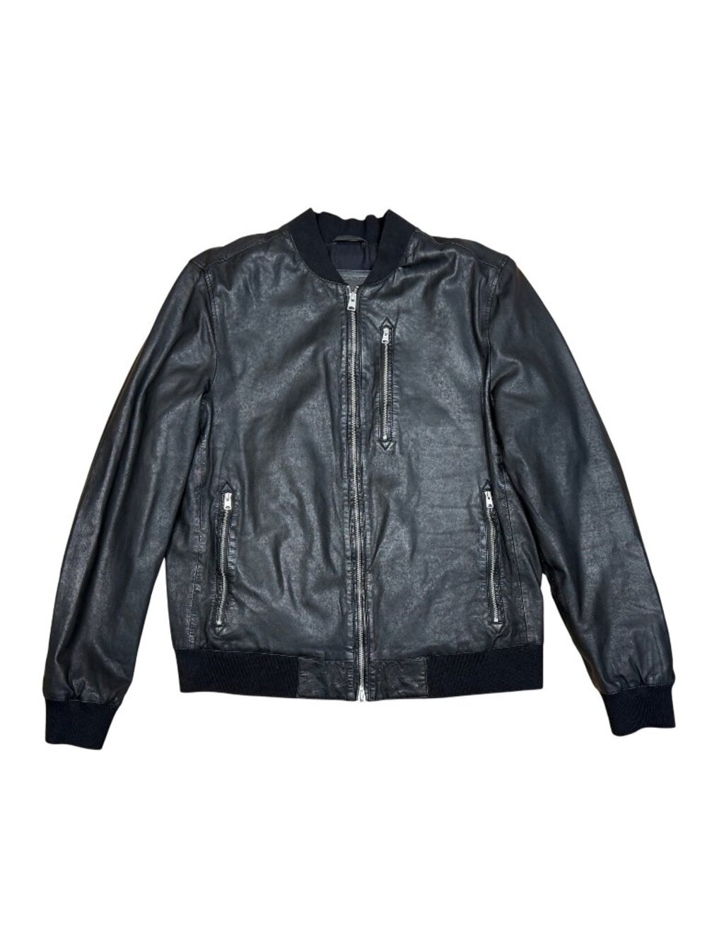 AllSaints Mens Black Genuine Leather Bomber Jacket XL Moto Style Zip Pockets Min